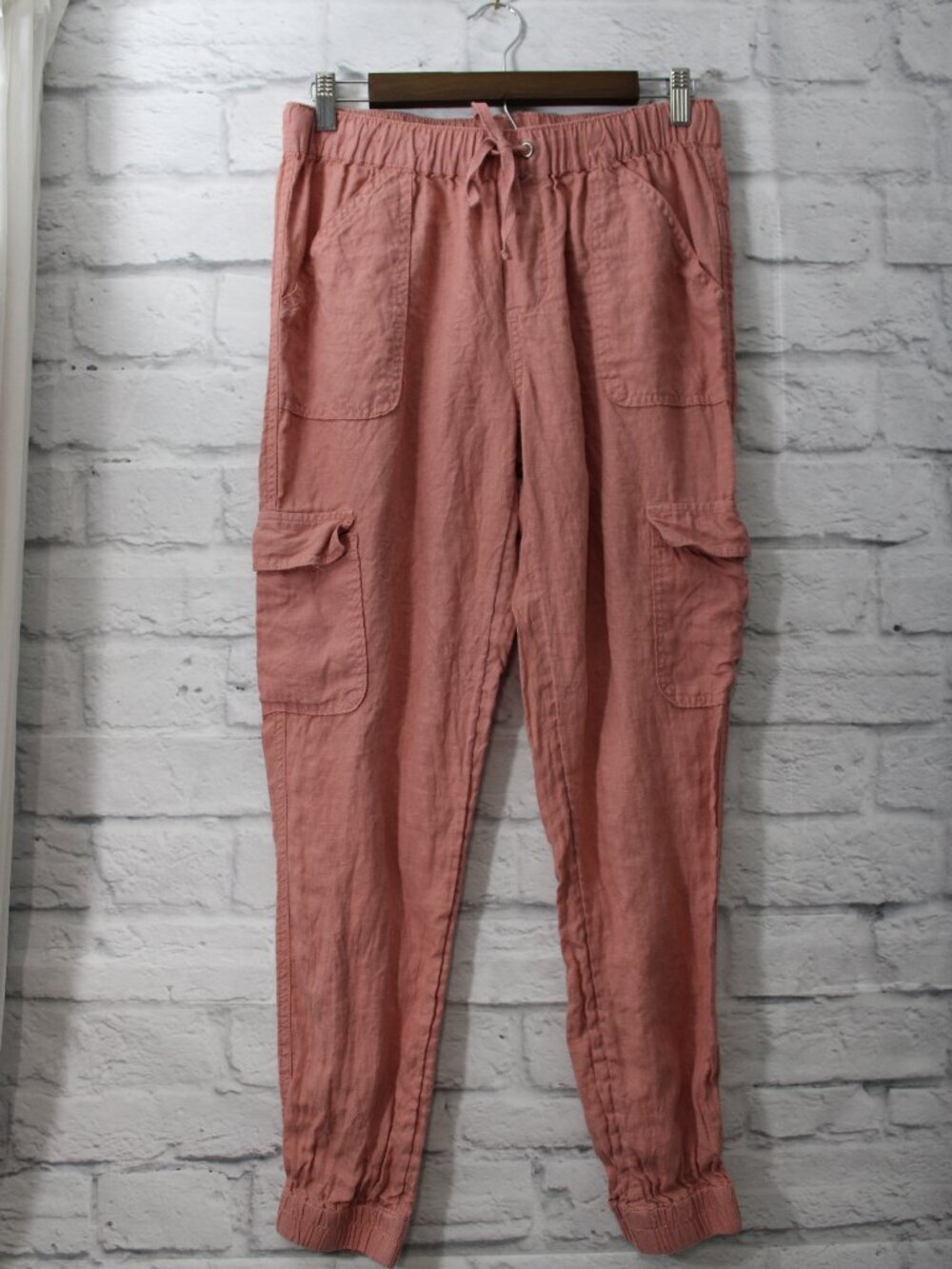 Nicole Miller Small Pink Pull On Drawstring 100% Linen Lightweight Ankle Joggers